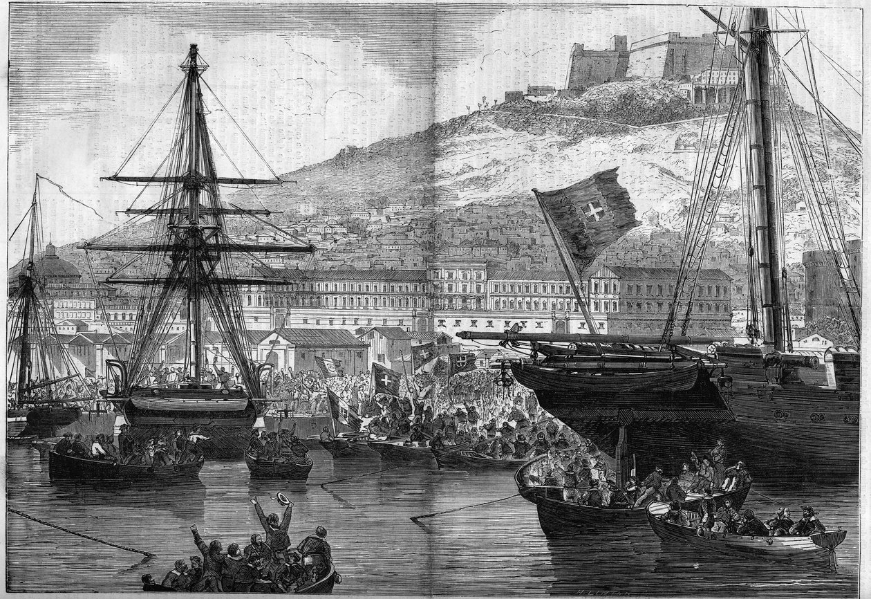 Risorgimento ، نابولي ، 21 أكتوبر 1860: تصويت البحرية على إلحاق المدينة بالمملكة الإيطالية. نقش في "" Le Monde Illustré "" رقم 186 بتاريخ 3 نوفمبر 1860. بواسطة المدرسة الفرنسية
