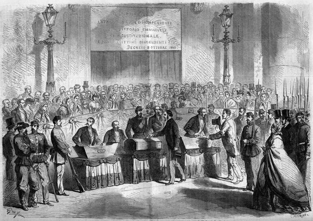 Risorgimento ، نابولي ، 21 أكتوبر 1860: تصويت السكان في كنيسة القديس فرانسوا دي بول على ارتباط المدينة بمملكة إيطاليا. نقش في "" Le Monde Illustré "" رقم 188 بتاريخ 17 نوفمبر 1860. بواسطة المدرسة الفرنسية