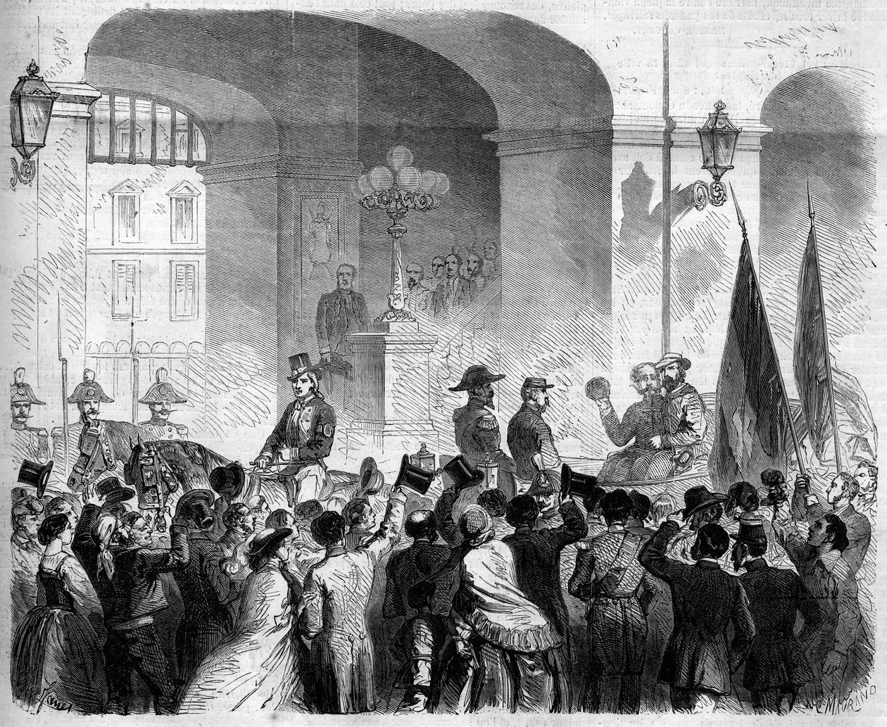 Risorgimento ، نابولي ، 7 نوفمبر 1860: دخول فيكتور عمانويل الثاني (فيكتور إيمانويل) (فيتوريو إيمانويل) (1820-1878) ، ملك إيطاليا ، إلى القصر الملكي في نابولي بعد تصويت السكان بقبول انضمام نابولي إلى مملكة ايطاليا بواسطة المدرسة الفرنسية