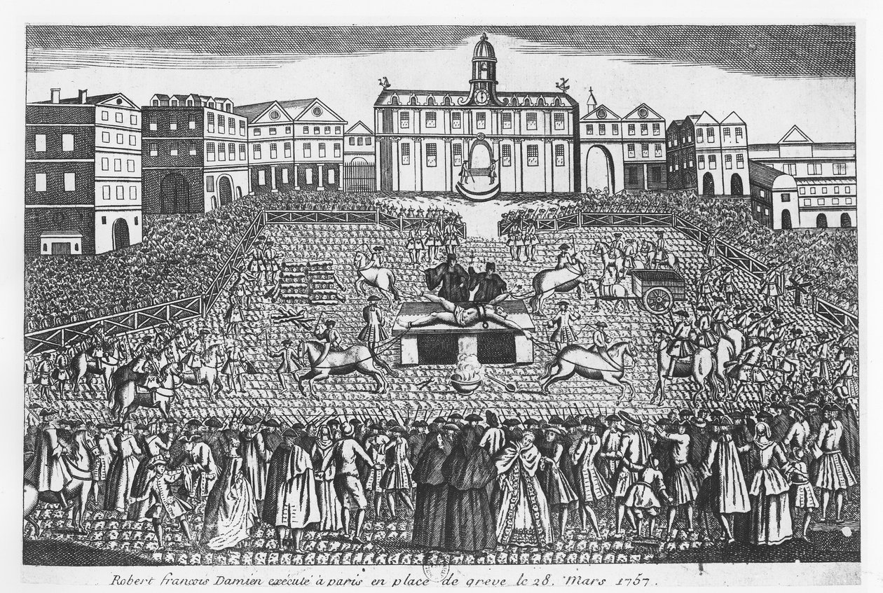 أعدم روبرت فرانسوا داميان في Place de Grève ، باريس ، 28 مارس 1757 بواسطة المدرسة الفرنسية