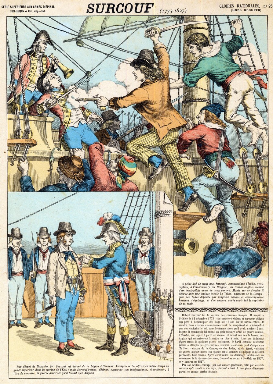 روبرت سوركوف (1773-1827) بحار وقراصنة فرنسي ، هنا عند الصعود على متن القارب الإنجليزي "تريتون" "" في عام 1796 ، نقش - روبرت سوركوف (1773-1827) بحار وقراصنة فرنسي ، ici a l'abordage du ship "" Triton ”من Compagnie Anglais d بواسطة المدرسة الفرنسية
