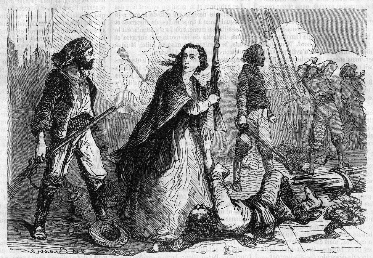 المسلسل الروماني: "" تذكار جوزيف غاريبالدي "" لألكسندر دوما (1802-1870). أنيتا غاريبالدي (1821-1849) ، زوجة جوزيبي غاريبالدي ، تشارك في المعركة وبيدها بندقية. نقش في "" Les bons romances "" بواسطة المدرسة الفرنسية