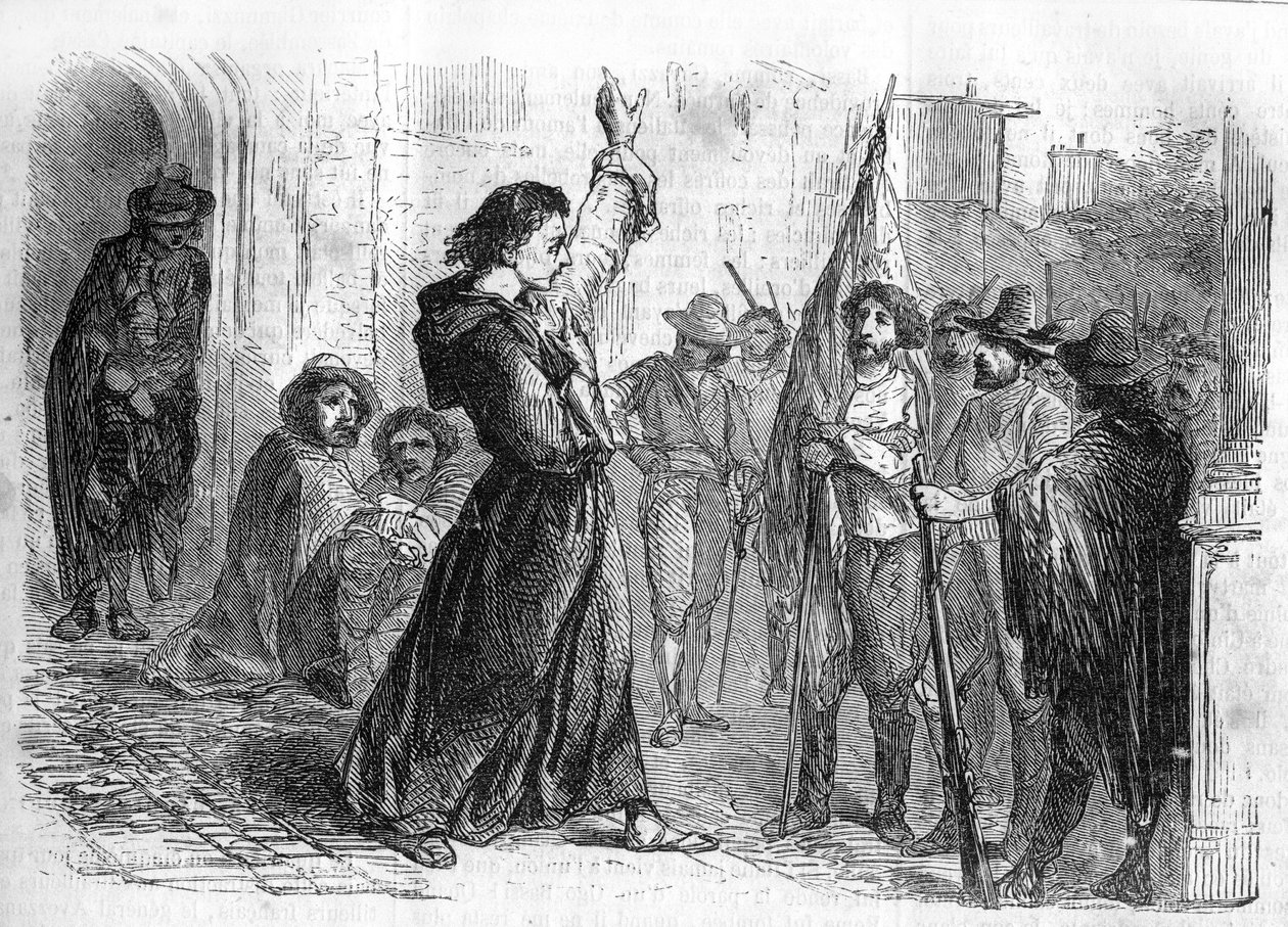 المسلسل الروماني: "" تذكار جوزيف غاريبالدي "" لألكسندر دوما (1802-1870). أوغو باسي (1800-1849) يروج للحشد لتشجيع السكان على المشاركة في Risorgimento في عام 1848. نقش في "" Les bons romances " بواسطة المدرسة الفرنسية