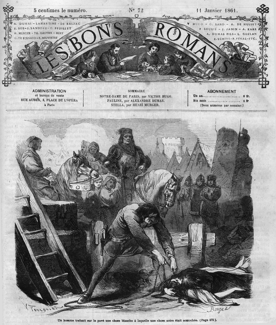 المسلسل الروماني: "" نوتردام دي باريس "لفيكتور هوغو (1802-1885). رجل يستنزف امرأتين على الرصيف. نقش في "" Les bons romances "" بواسطة المدرسة الفرنسية
