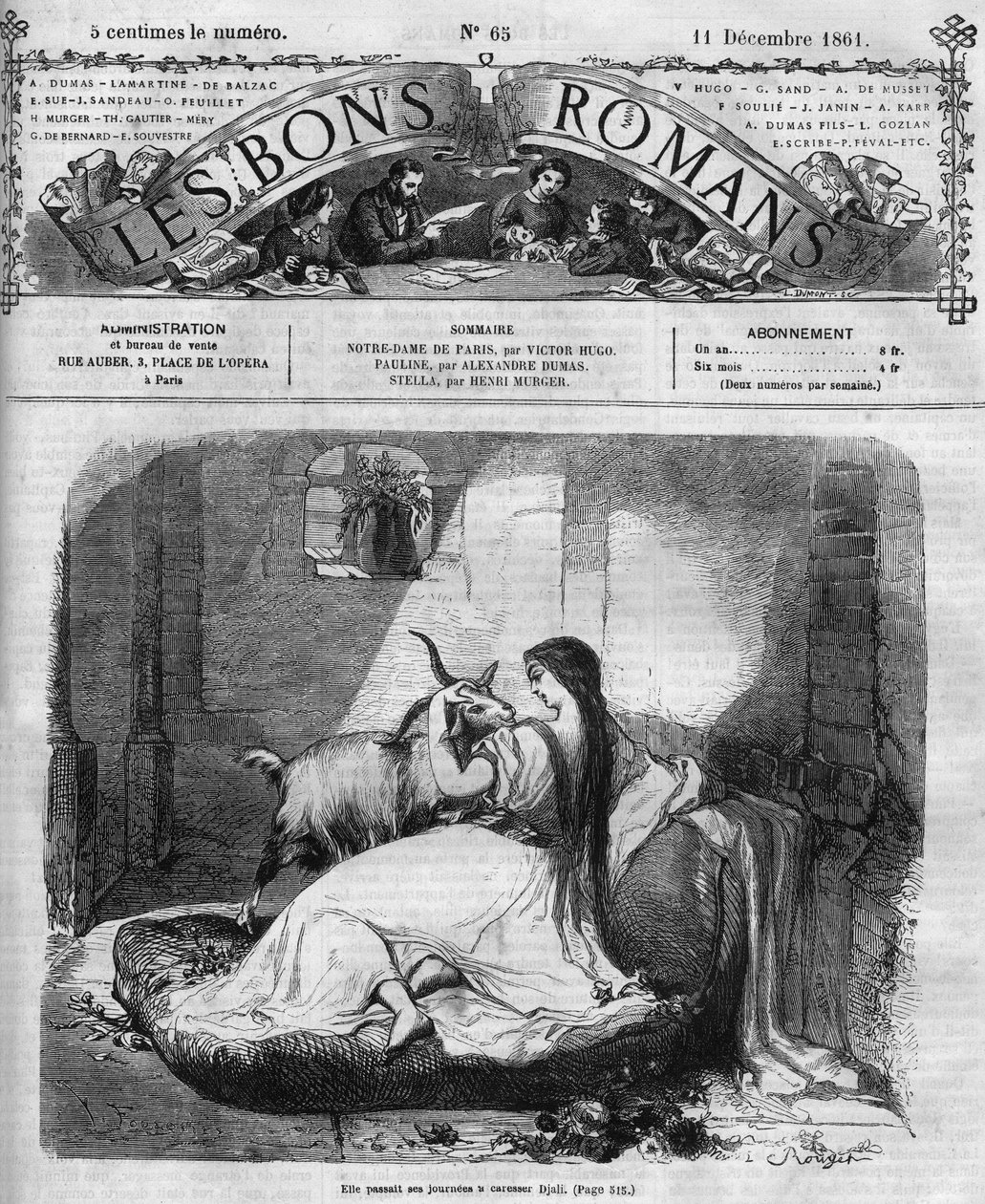 المسلسل الروماني: "" نوتردام دي باريس "لفيكتور هوغو (1802-1885). ازميرالدا والماعز. نقش في "" Les bons romances "" بواسطة المدرسة الفرنسية