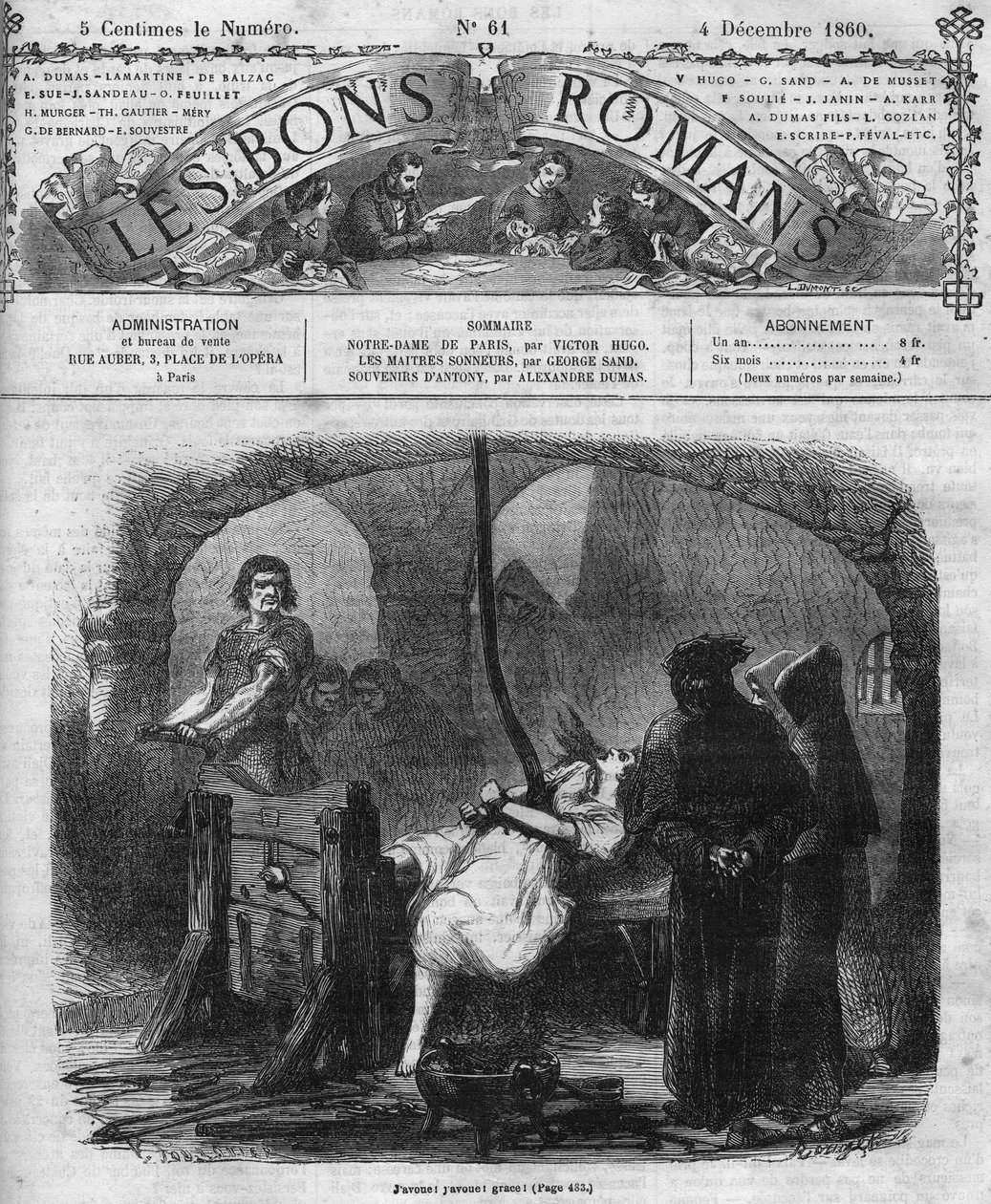 المسلسل الروماني: "" نوتردام دي باريس "لفيكتور هوغو (1802-1885). استجواب وتعذيب إزميرالدا. نقش في "" Les bons romances "" بواسطة المدرسة الفرنسية