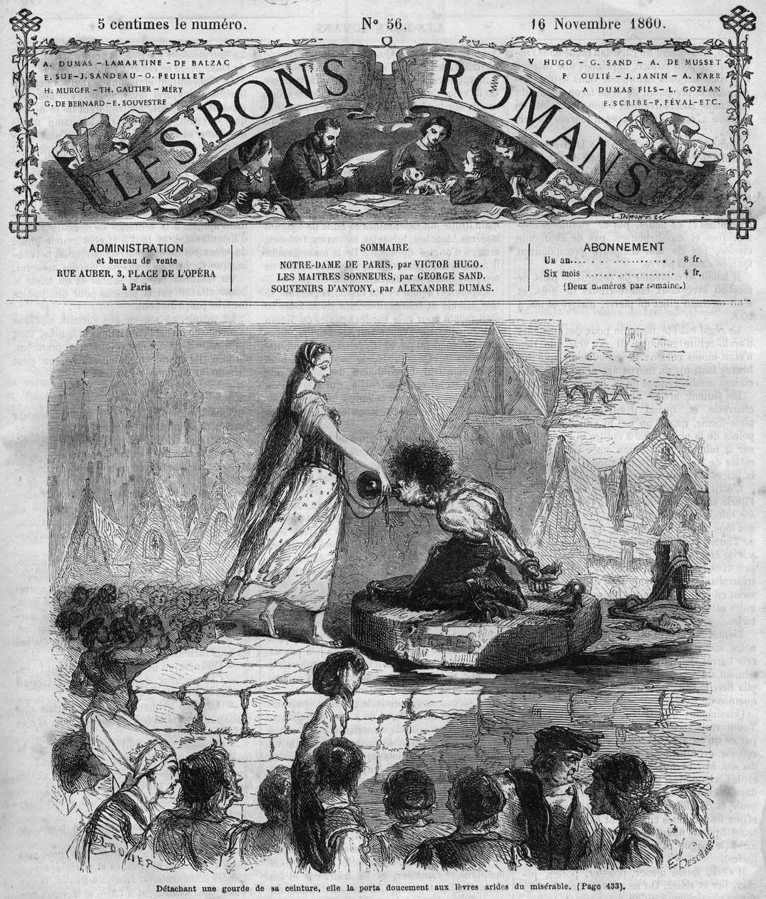 المسلسل الروماني: "" نوتردام دي باريس "لفيكتور هوغو (1802-1885). كواسيمودو وإزميرالدا. نقش في "" Les bons romances "" بواسطة المدرسة الفرنسية