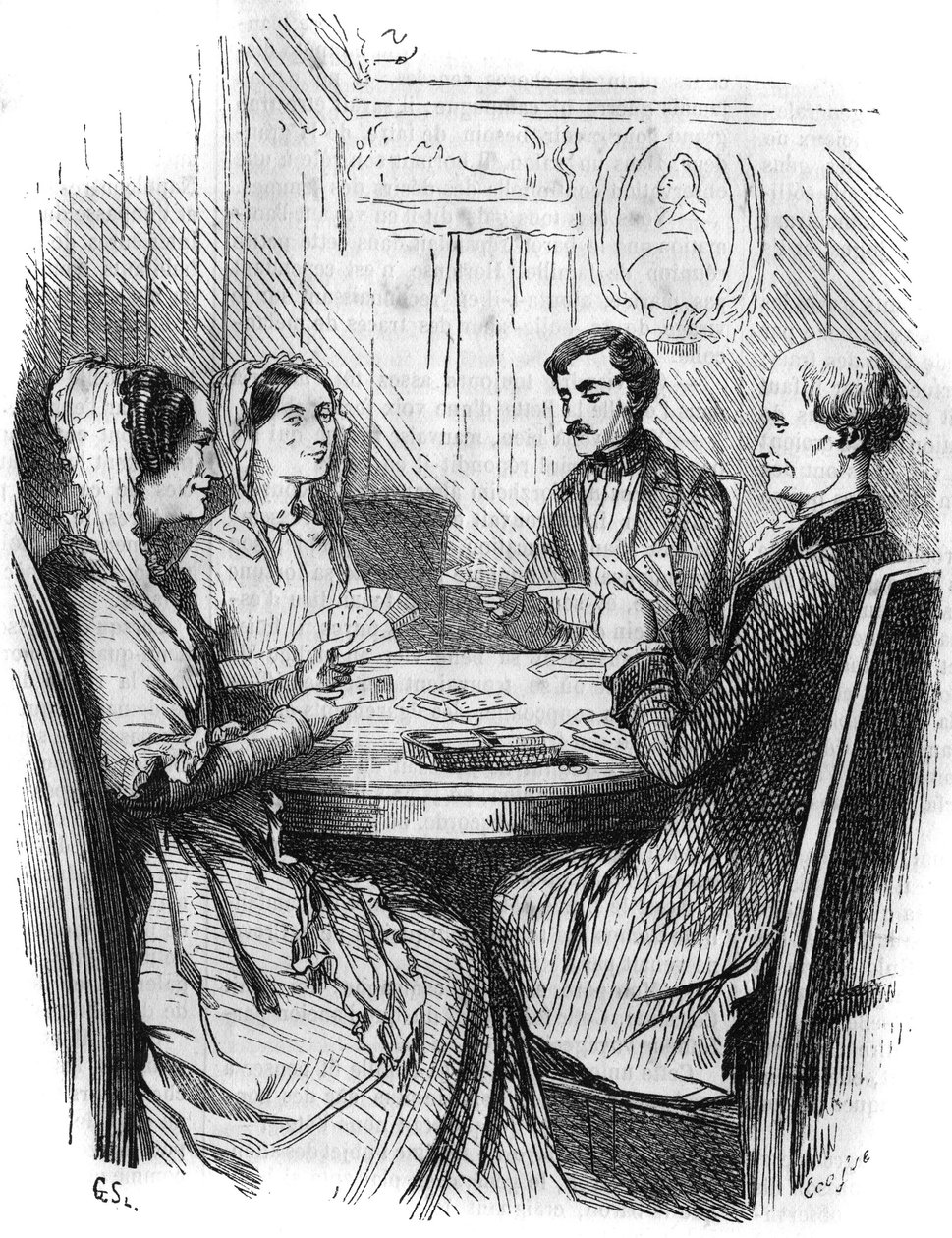 المسلسل الروماني: "" كونت مونتي كريستو "(مونت كريستو) للكاتب ألكسندر دوماس (1802-1870). لعبة ورق بين أربعة أحرف. نقش في "" Les bons romances "" بواسطة المدرسة الفرنسية