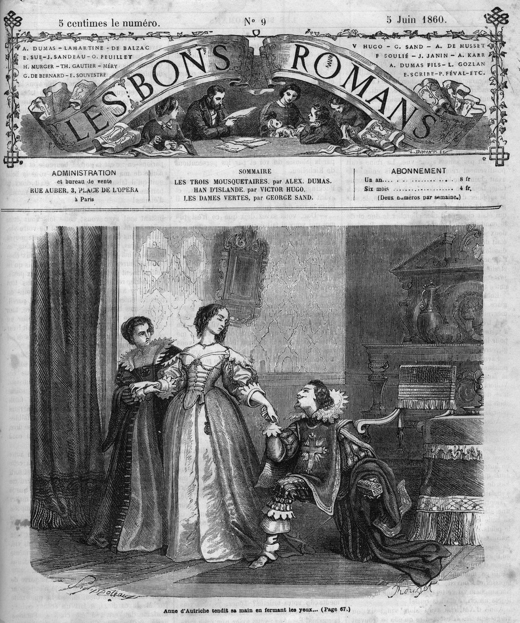 المسلسل الروماني: "الفرسان الثلاثة" للكاتب الكسندر دوما بيريه (1802-1870). تقدم آن النمسا (1601-1666) إلى دوق باكنغهام (جورج فيليرز) صندوقًا يحتوي على قوارض الماس الخاصة بها. شكل توضيحي للفصل الثاني عشر. النقش في رومانسيات Les bons بواسطة المدرسة الفرنسية