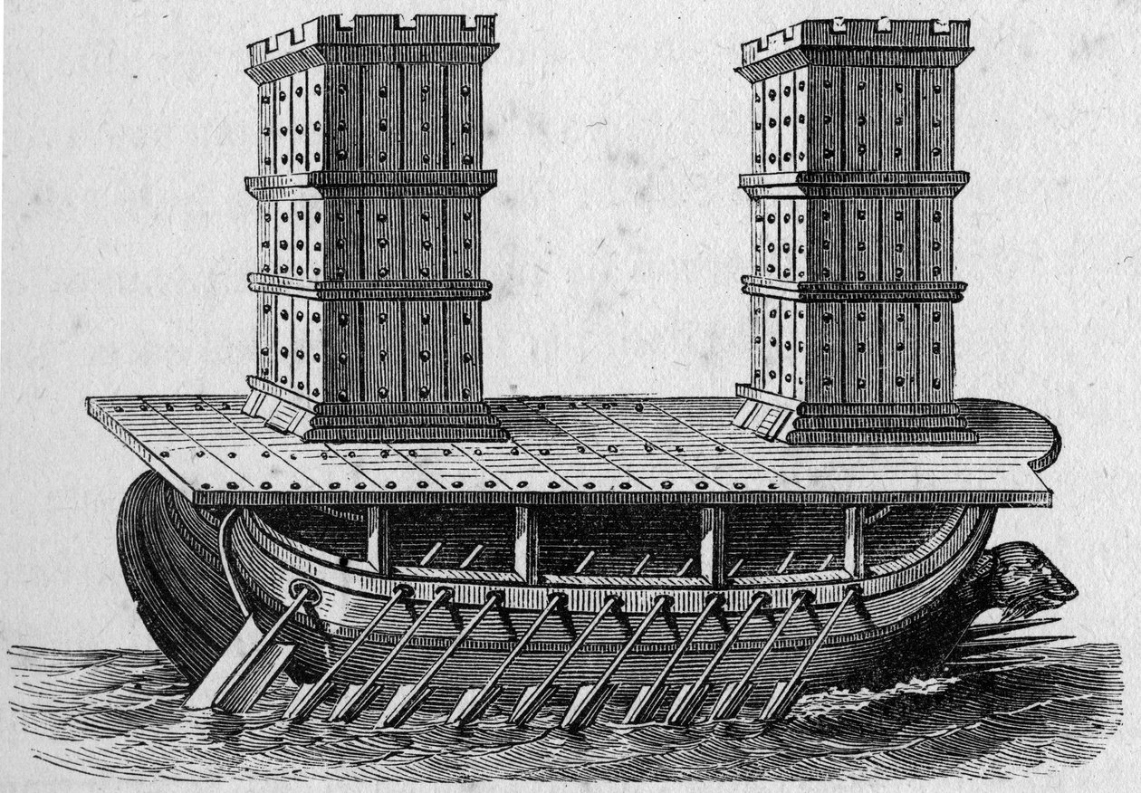 Roman ship a towers. Engraving in “La Marine et les colonies: commerce بواسطة المدرسة الفرنسية