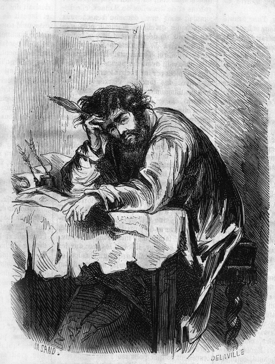 المسلسل الروماني: "هوراس" لجورج ساند (Aurore Dupin، Baronne Dudevant) (1804-1876). "كان هوراس منخرطًا في المقالات الأدبية." نقش في "" Les bons romances "" بواسطة المدرسة الفرنسية