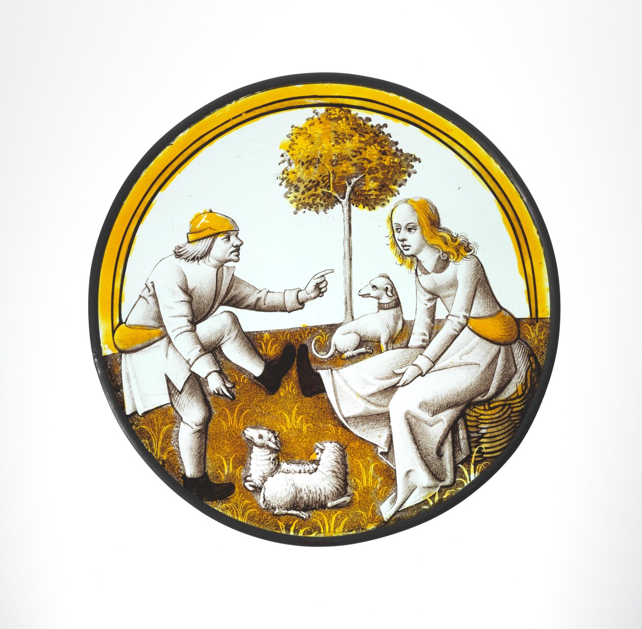 Roundel مع زوجين يلعبان في Quintain ، حوالي 1500 (زجاج وطلاء زجاجي وصبغة فضية) بواسطة المدرسة الفرنسية