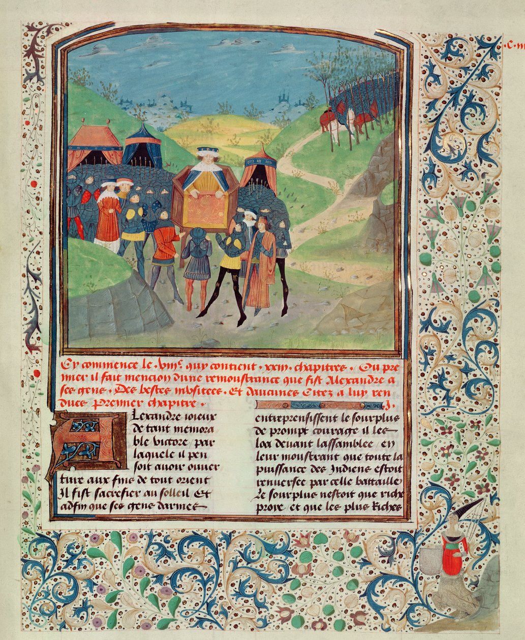 Roy 17 FI f.198 الإسكندر الأكبر يخاطب رجاله على أمل إقناعهم بالاستمرار في الهند ، من Quinte Curse Ruffe des Fais du Grant Alexandre ، c.1468 (ورق) بواسطة المدرسة الفرنسية