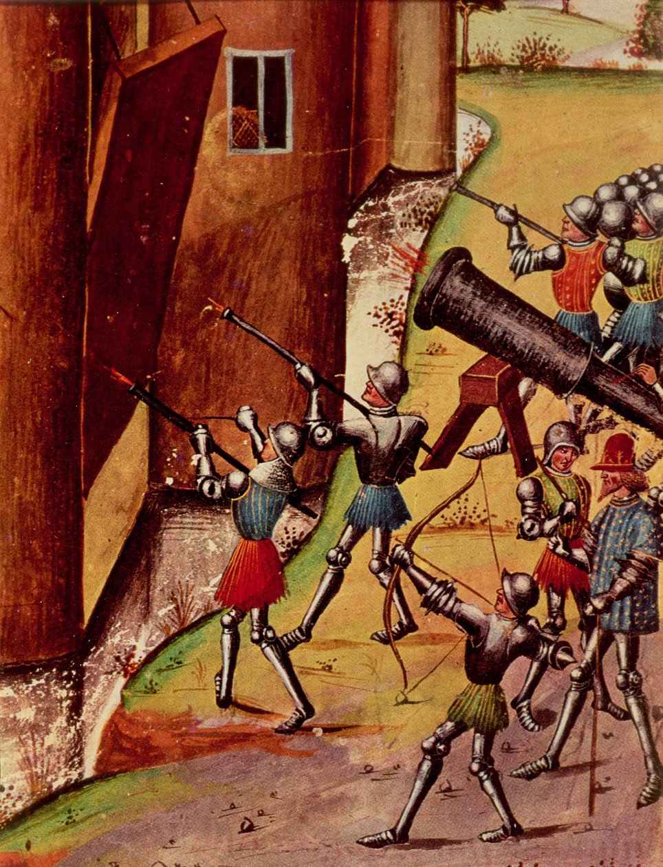 Roy 17 f.1 جنود مسلحون بمدافع يدوية يحاصرون قلعة ، من Quinte Curse Ruffe des Fais du Grant Alexandre ، حوالي 1468 (ورق) بواسطة المدرسة الفرنسية