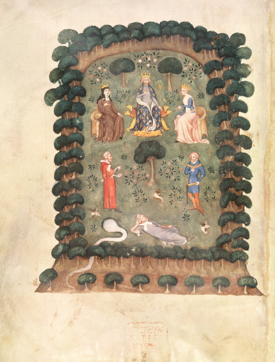Roy 19 C IV f.298 تشارلز الخامس توج في الحديقة مع التاج والصولجان ، من "حلم حارس البستان" بواسطة المدرسة الفرنسية