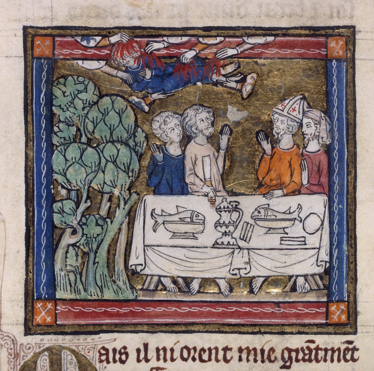 Royal 14 E.III fol.76v سبعة أيادي ألقت النار على مويس ، من "رومانسية القديس غراال" لروبرت دي بورون ، حوالي 1315 (ورق) بواسطة المدرسة الفرنسية