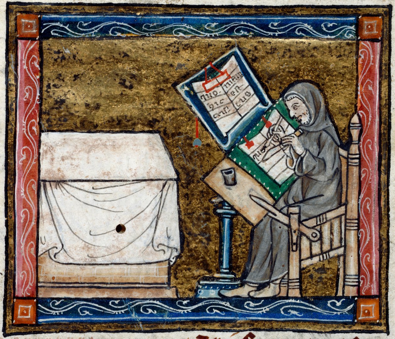 Royal 14 E. III ، f.6v ناسخ نسخ من نسخة ، رسم توضيحي من "قصة الكأس المقدسة" ، حوالي 1315 (ورق) بواسطة المدرسة الفرنسية