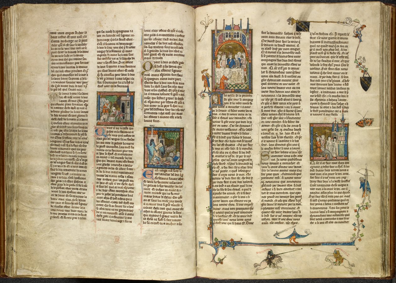 Royal 14 E. III، ff.88v-89 لانسلوت يزيل رأس جده المقطوع ، الملك ، من بئر يغلي ؛ انهيار مبنى على فرسان. على اليمين ، صورة مصغرة لـ Arthur و Guinevere جالسين في مأدبة ، من Estoire del Saint Graal ، بواسطة المدرسة الفرنسية