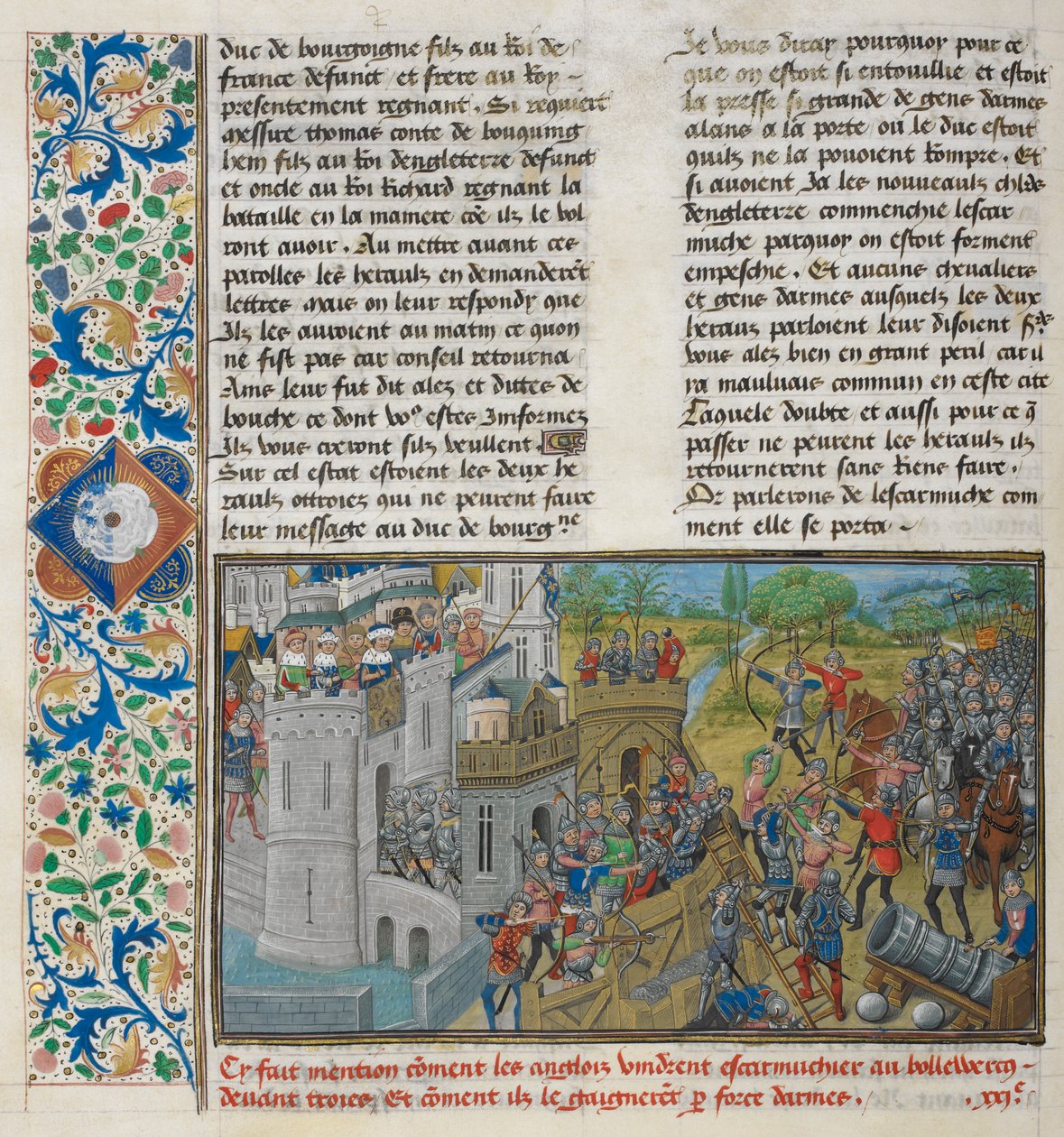 Royal 14 E. IV ، f.59v لقطة من معقل في Troyes ، من "سجلات إنجلترا القديمة والجديدة" ، بقلم جان دي وافرين ، حوالي 1470-80 (ورق) بواسطة المدرسة الفرنسية