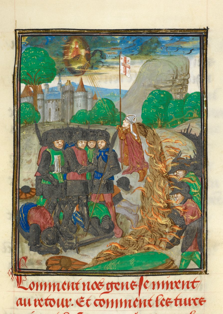 Royal 15 E. I، f.266 "الجيش المسيحي ينقذ بالصلاة ..." ، من "Chronique d