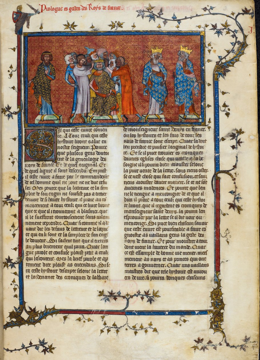 Royal 16 G. VI، f.3 تتويج Pharamond ، رسم توضيحي من "Chroniques de France" ، حوالي 1332 (ورق) بواسطة المدرسة الفرنسية