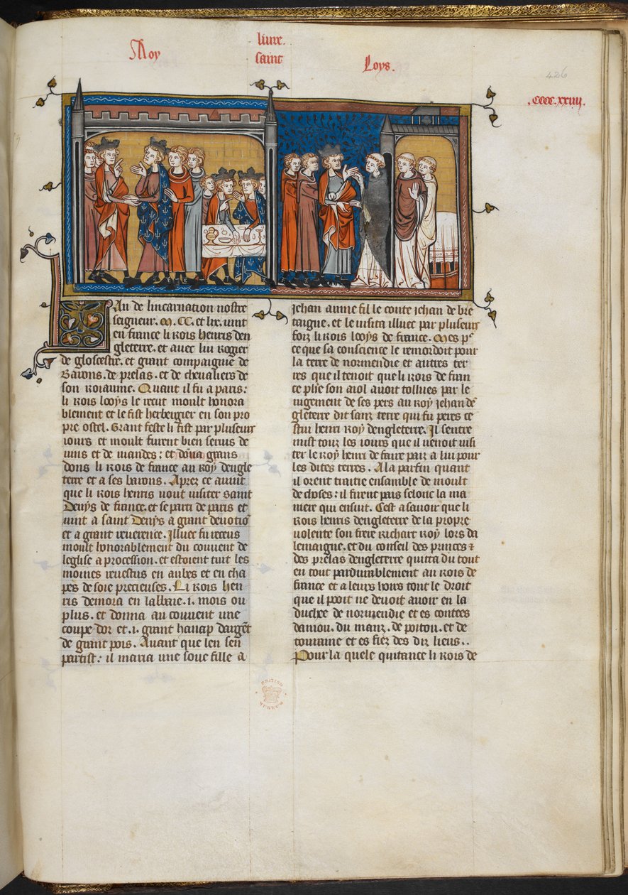 Royal 16 G VI f.426r Miniature of Henry III أثناء زيارة لويس التاسع ، وهنري الثالث في سانت دينيس ، صفحة من "Les Grandes Chroniques de France" بواسطة المدرسة الفرنسية