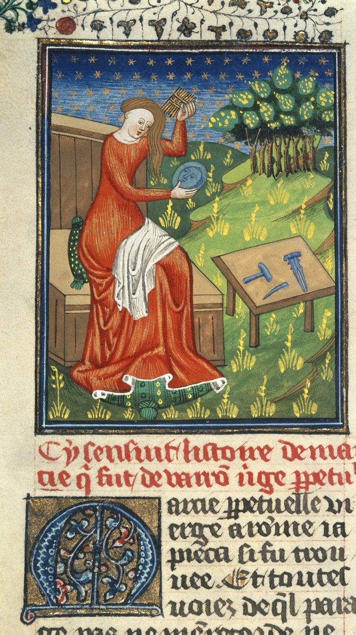 Royal 16 G. V، f.80 Jaia of Cyzicus ، مع مشط ومرآة وأدوات نحات ، رسم إيضاحي من "De Claris Mulieribus" بقلم جيوفاني بوكاتشيو (حبر ولون وذهب على رق) ؛ بواسطة المدرسة الفرنسية