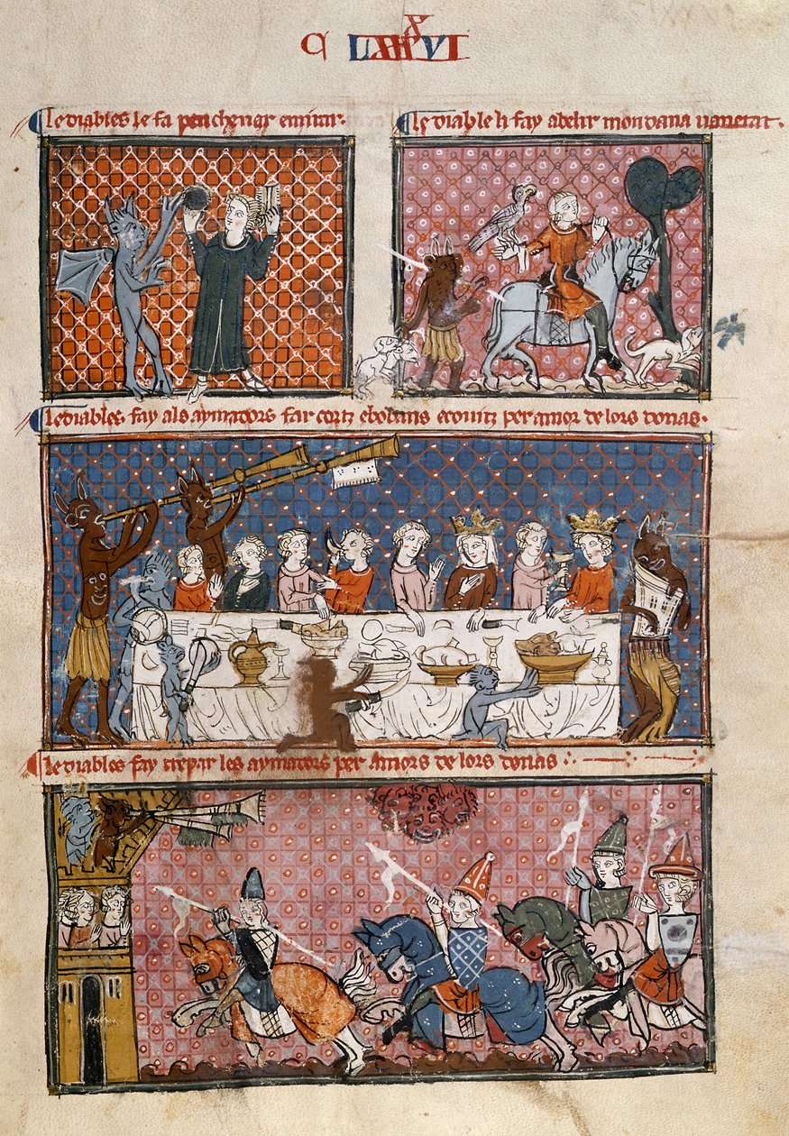 Royal 19 C. I fol.204 الإغراءات الشيطانية ، من Le Breviari d