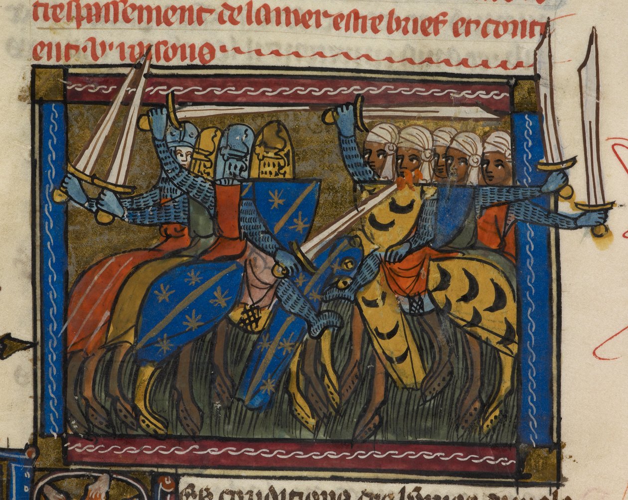 Royal 19 D. I f.189v الجيوش المسيحية والعربية في المعركة ، رسم توضيحي من "La Vraye Histoire du Bon Roy Alixandre" (حبر ولون وذهب على ورق) بواسطة المدرسة الفرنسية