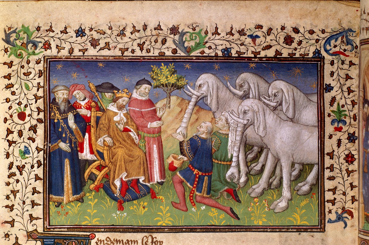 Royal 20 B. XX ، الصفحة 82v ، ألكساندر يُمنح الأفيال البيضاء ، من "La Vraye Histoire du Bon Roy Alixandre" (رق) بواسطة المدرسة الفرنسية