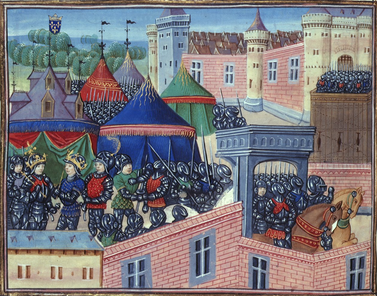 Royal 20 C.IX fol.137v ملوك فرنسا وصقلية مع جيوشهم قبل ميتز ، من 