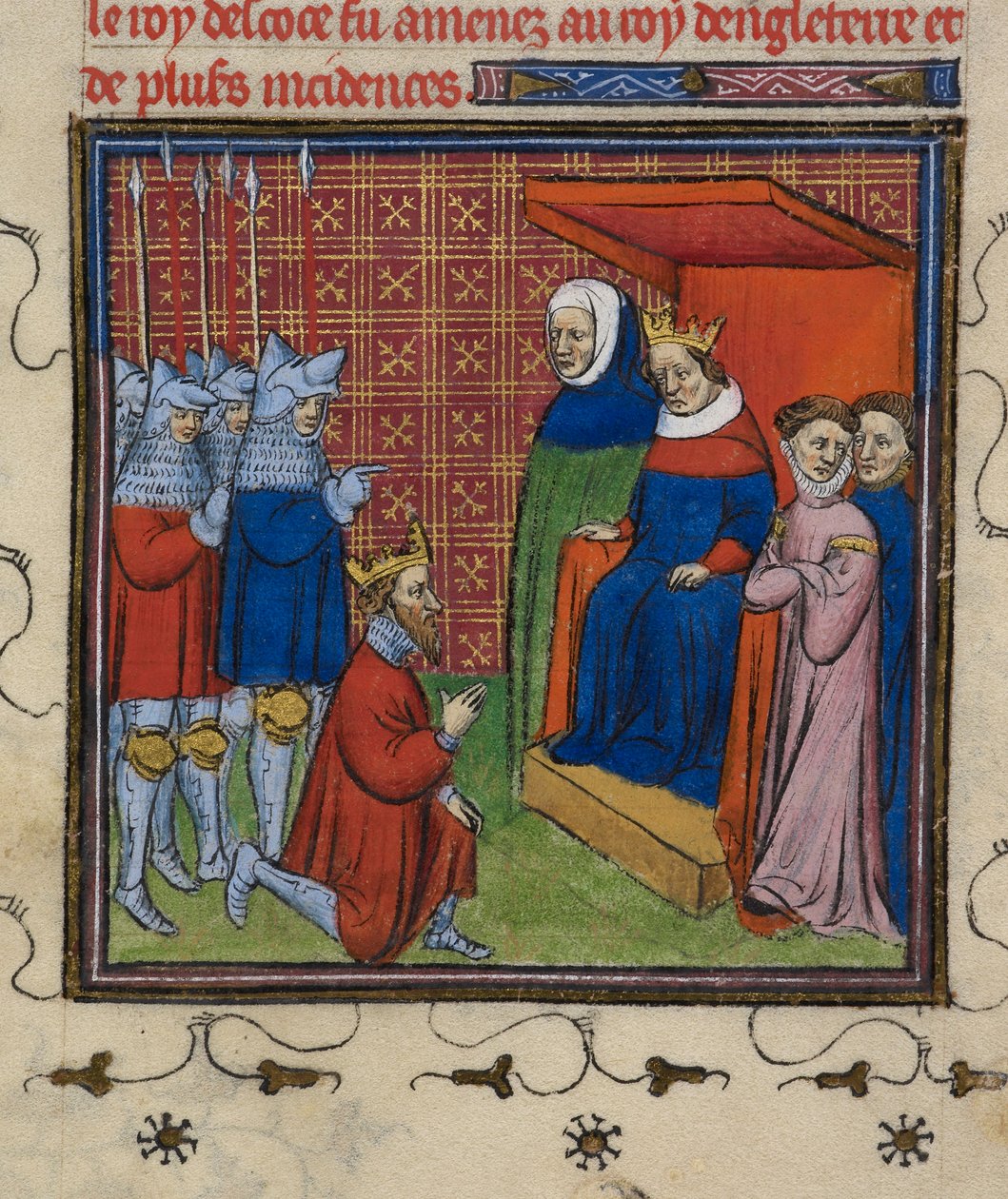 Royal 20 C.V11 John Baliol قبل إدوارد الأول ، رسم توضيحي من "Chroniques de France ou de St. Denis" بواسطة المدرسة الفرنسية