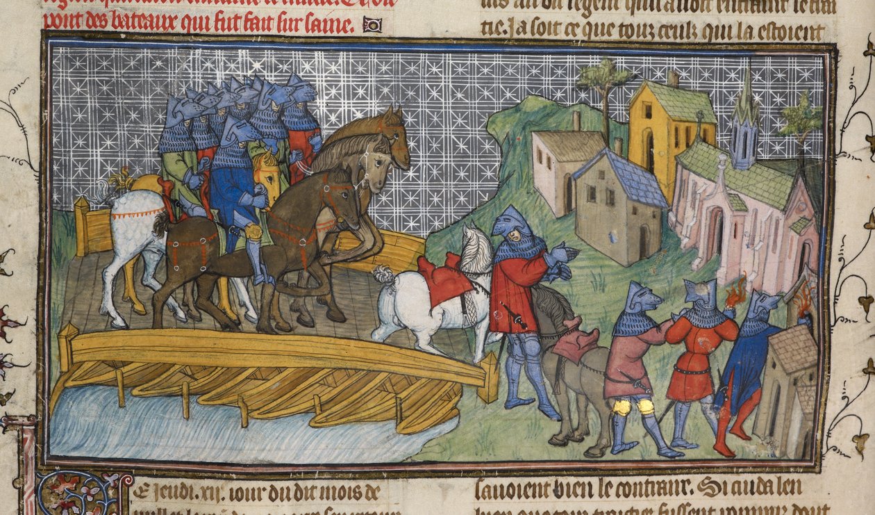 Royal 20 C. VII ، f.136v ممر نهر السين ، رسم توضيحي من "Chroniques de France ou de St. Denis" (رق) بواسطة المدرسة الفرنسية