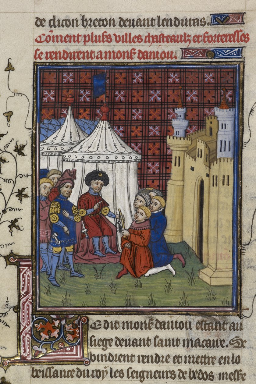 Royal 20 C. VII ، f.194 ، يتم تسليم مفاتيح المدينة إلى دوق أنجو (ورق رق) بواسطة المدرسة الفرنسية