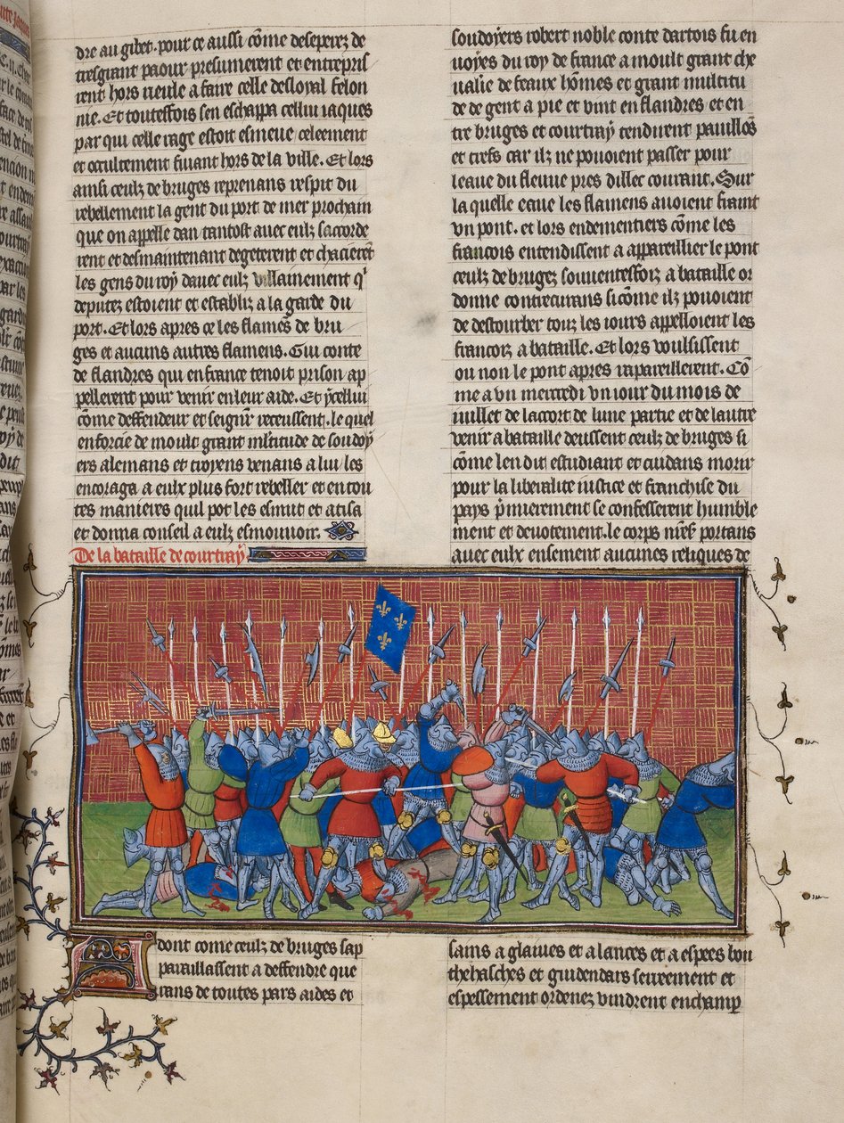 Royal 20 C. VII ، f.34 The Battle of Courtrai ، رسم توضيحي من "Chroniques de France ou de Saint Denis" (رق) بواسطة المدرسة الفرنسية