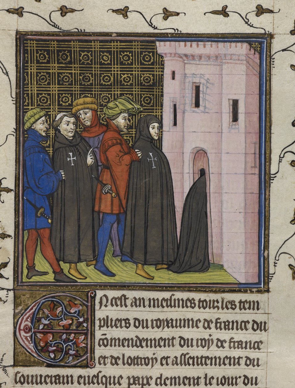 Royal 20 C. VII، f.42v اعتقال فرسان الهيكل ، رسم توضيحي من "Chroniques de France ou St. بواسطة المدرسة الفرنسية