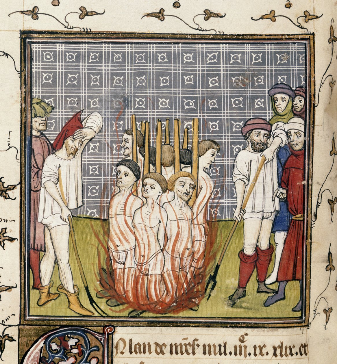 Royal 20 C. VII، f.44v Burning of Templars، illustration from "Chroniques de France ou de St. Denis" (vellum) بواسطة المدرسة الفرنسية