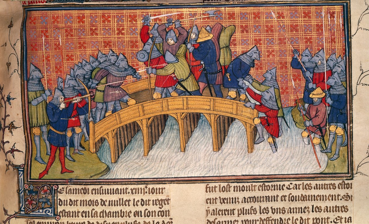 Royal 20 C. VII، fol.137 Battle on Bridge Over Seine خلال حرب المائة عام ، من "Chroniques de France ou de St. بواسطة المدرسة الفرنسية