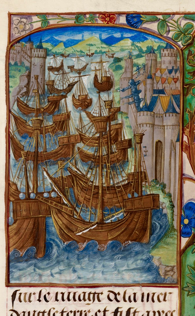 Royal 20 E. III ، fol.186v الأسطول الفرنسي هاجم في Sluys ، من 