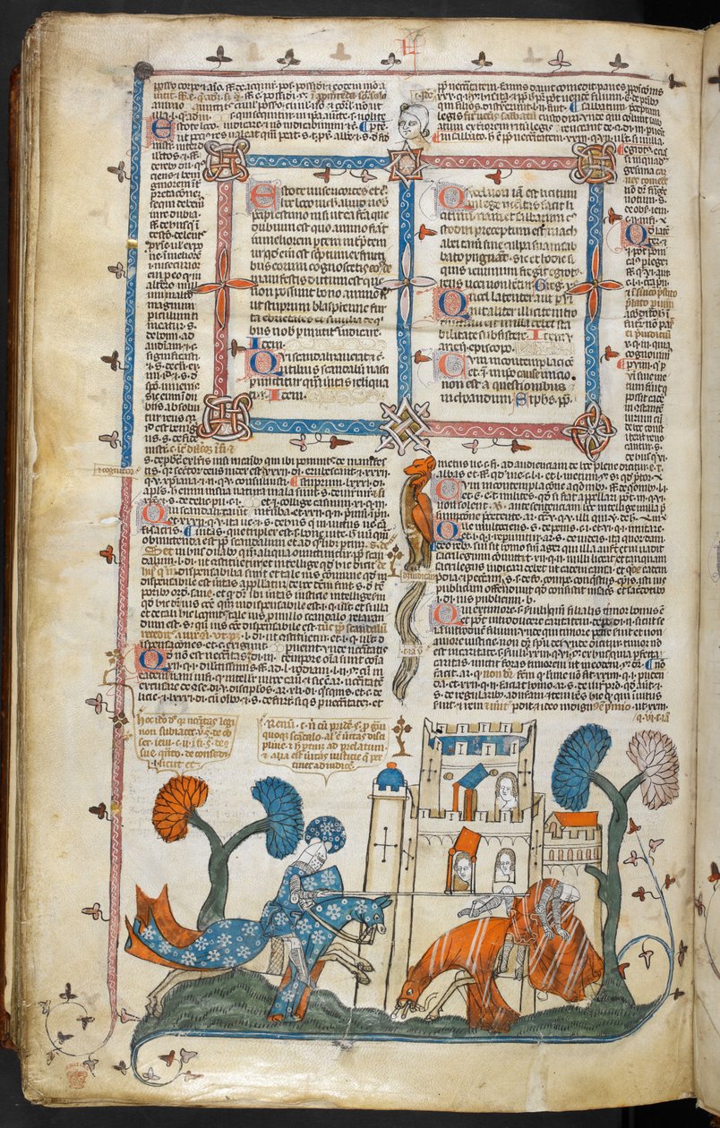 Royal MS 10 E IV f.313v ، مشهد من أسفل الصفحة لفارس يفرج عن آخر قبل القلعة ، حوالي 1300-40 (قلم وحبر وتمبرا على ورق) بواسطة المدرسة الفرنسية