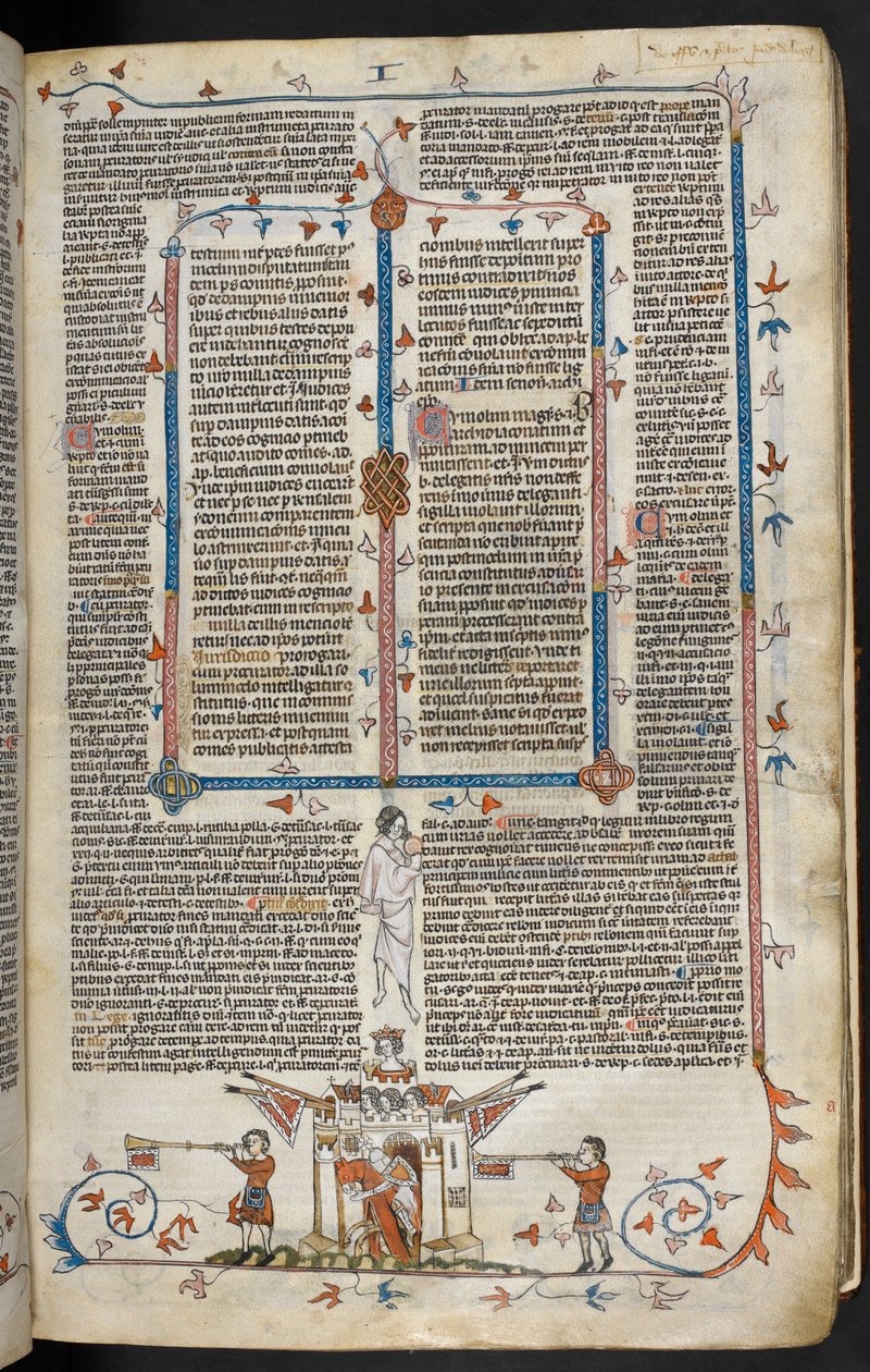 Royal MS 10 E IV f.66r ، مشهد سفلي لفارس مُركب يخرج من قلعة ، حوالي 1300-40 (قلم حبر وحبر وتمبرا على رق) بواسطة المدرسة الفرنسية