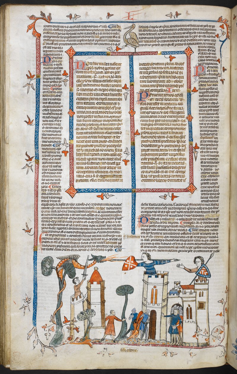 Royal MS 10 E IV f.88v ، مشهد من أسفل الصفحة لتنين يهاجم قلعة ، حوالي 1300-40 (قلم وحبر وتمبرا على رق) بواسطة المدرسة الفرنسية