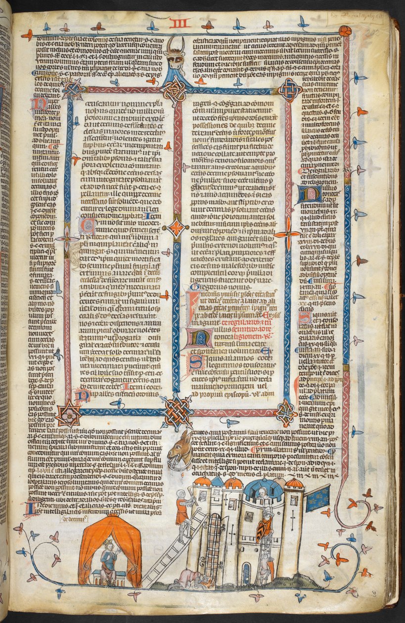 Royal MS 10 iv f.202r مهاجمة قلعة محصنة وزخرفة هامشية ، رسم توضيحي من "The Smithfield Decretals" (ورق) بواسطة المدرسة الفرنسية
