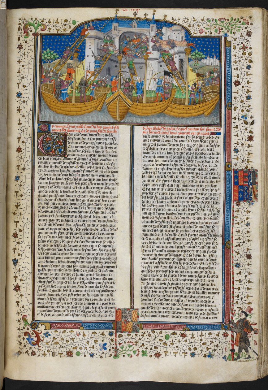 Royal MS 15 E VI، f.207 صورة مصغرة للسفن التي تحاصر كورونا ، من "قصائد ورومانسية" أو "كتاب تالبوت شروزبري" بواسطة المدرسة الفرنسية