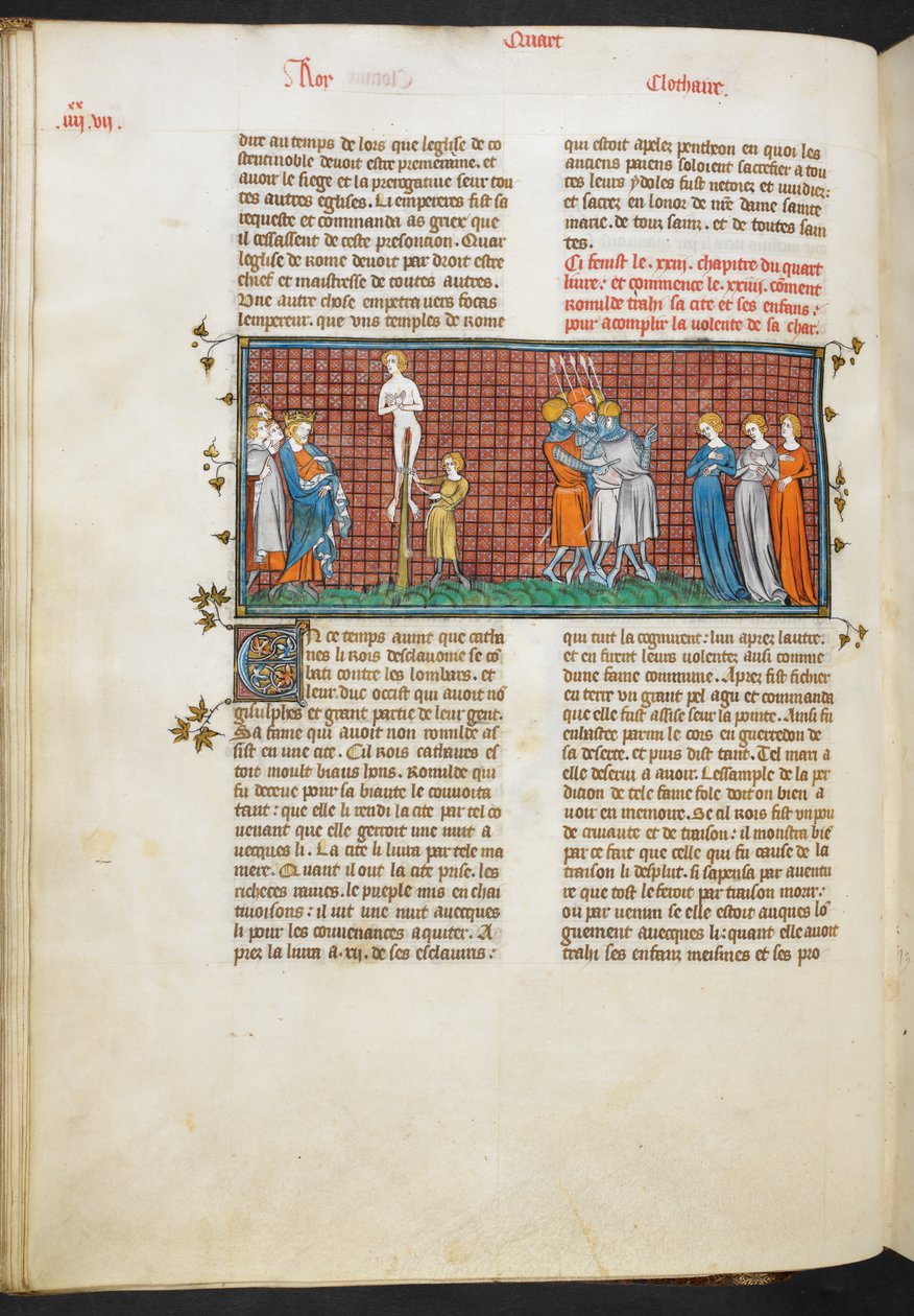 Royal MS 16 G. VI ، وفاة رومهيلدا ، بنات رومهيلدا ينقذون شرفهم (الكتاب 4 ، 24) ، من Les Grandes Chroniques de France بواسطة المدرسة الفرنسية