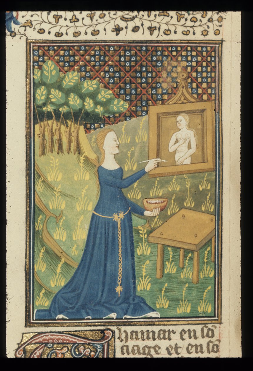 Royal MS 16 G V f.068v صفحة من De claris mulieribus بترجمة فرنسية مجهولة (Le livre de femmes nobles et renomées) بقلم جيوفاني بوكاتشيو ، حوالي 1440 (لون وذهب على ورق) بواسطة المدرسة الفرنسية