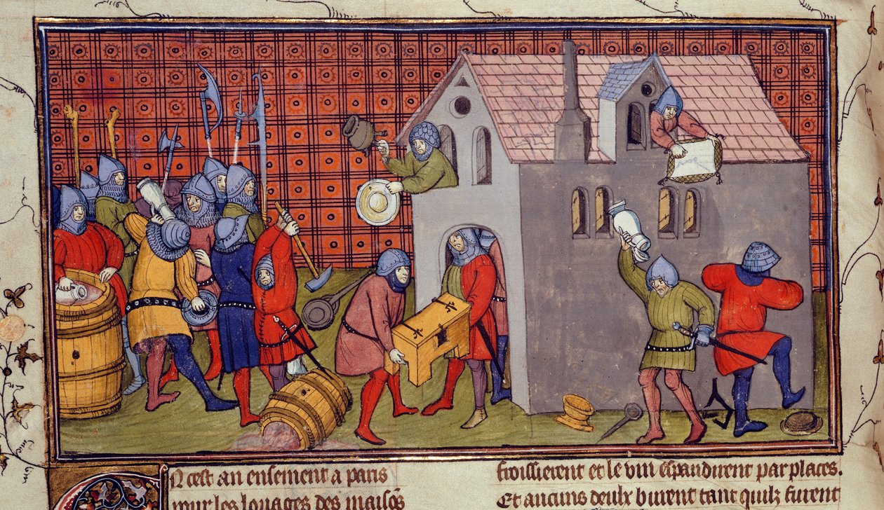 Royal MS 20 CVII f.41v ، نهب منزل (رق) بواسطة المدرسة الفرنسية
