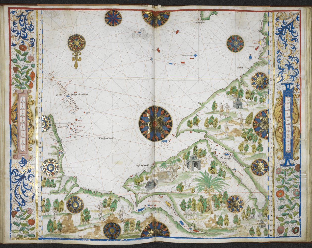 Royal MS 20 E IX f.11v to f.12r رسم بياني لسواحل آسيا وإفريقيا من كيب كومورين إلى رأس ديلجادو ، بما في ذلك الخليج الفارسي والبحر الأحمر ، من "بوك أوف إيدروغرافي" ("أطلس روتز") لجين روتز ، حوالي 1535-42 (حبر ، لون وذهب على ورق) بواسطة المدرسة الفرنسية