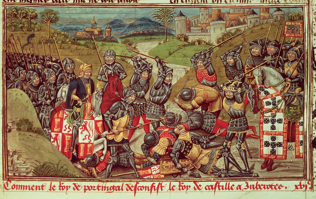 Royal Ms 14 E IV f.204: الباب الأول من Avis يهزم الخوان الأول ملك قشتالة في معركة Aljubarrota ، البرتغال بواسطة المدرسة الفرنسية