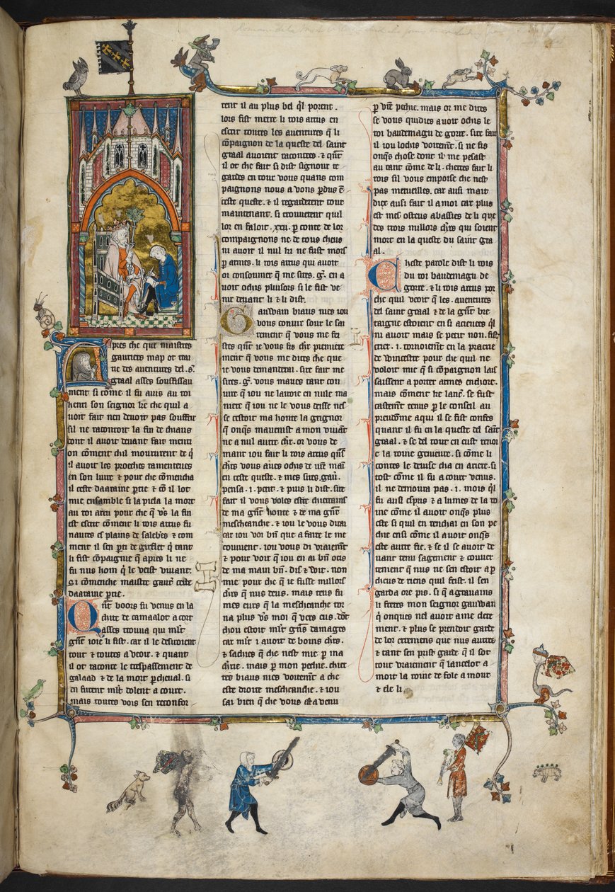 Royal Ms 14 e III f.140r هنري الثاني ملك إنجلترا مع كاتب ، رسم توضيحي من "قصة الكأس المقدسة ، البحث عن الكأس المقدسة ، مورت آرثر" ، حوالي 1315-25 (ورق) بواسطة المدرسة الفرنسية
